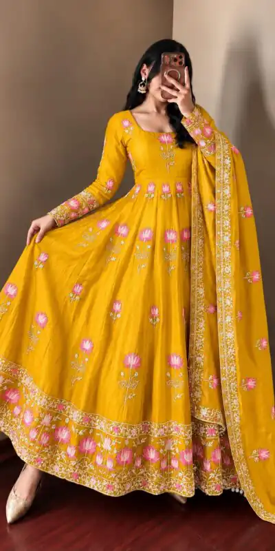 SR 1724 Yellow Faux Georgette Gown with Mirror Work & Embroidery Work. Get it for ₹2799. Delivery 4-6 Working Days. Online Shop now. | Gowns, Bollywood Gowns, Creative Gowns, Designer Gowns, Embroidered Gowns, Party Wear Gowns