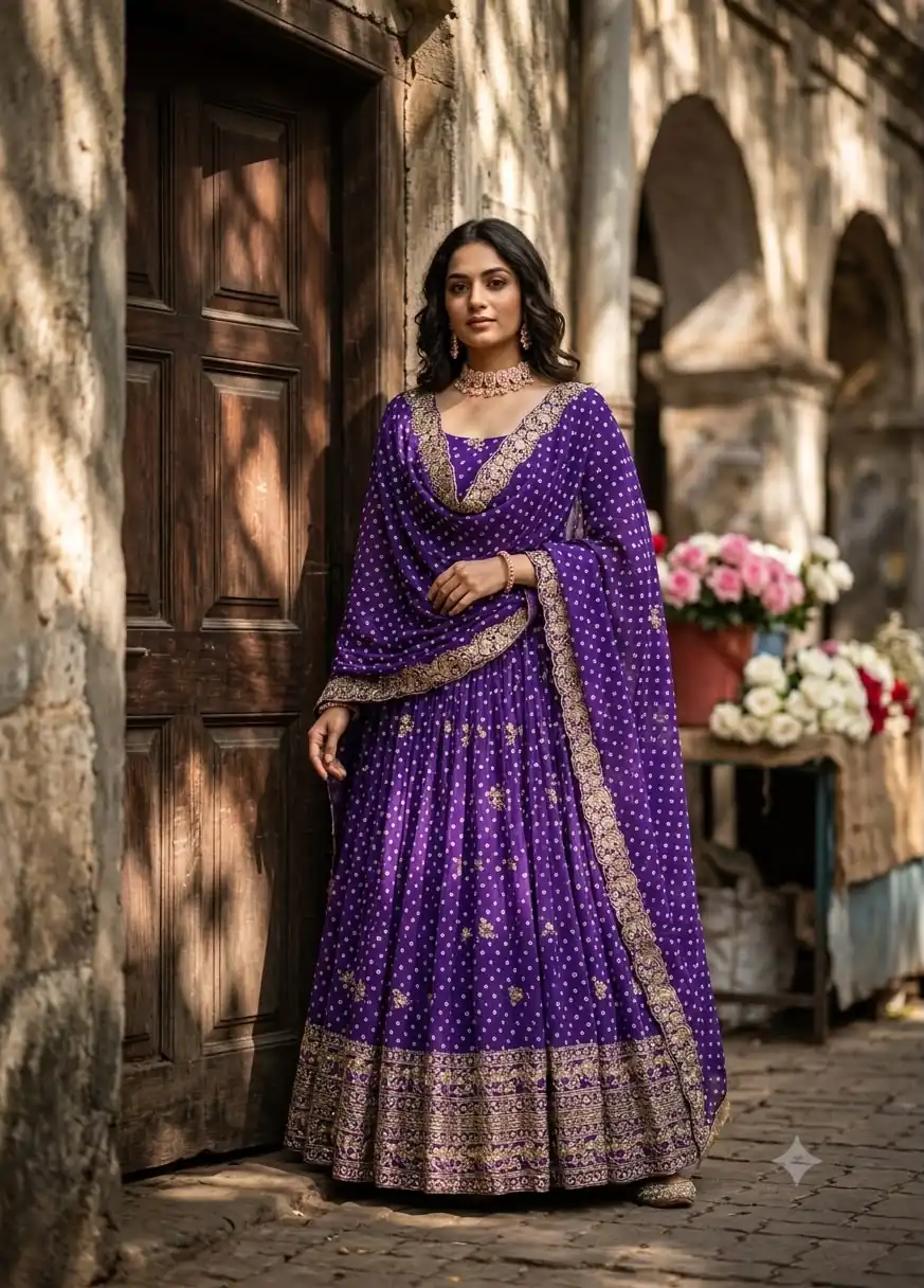 WW 1283 Purple in Colour Faux Georgette Bandhani Print Work Gown. Available at ₹2399 only. Delivery 4-6 Working Days. Shop now. | Gowns, Bollywood Gowns, Creative Gowns, Designer Gowns, Embroidered Gowns, Party Wear Gowns