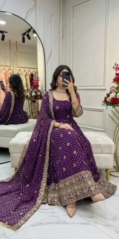 WW 1283 Wine in Colour Faux Georgette Bandhani Print Work Gown. Available at ₹2399 only. Delivery 4-6 Working Days. Shop now. | Gowns, Bollywood Gowns, Creative Gowns, Designer Gowns, Embroidered Gowns, Party Wear Gowns