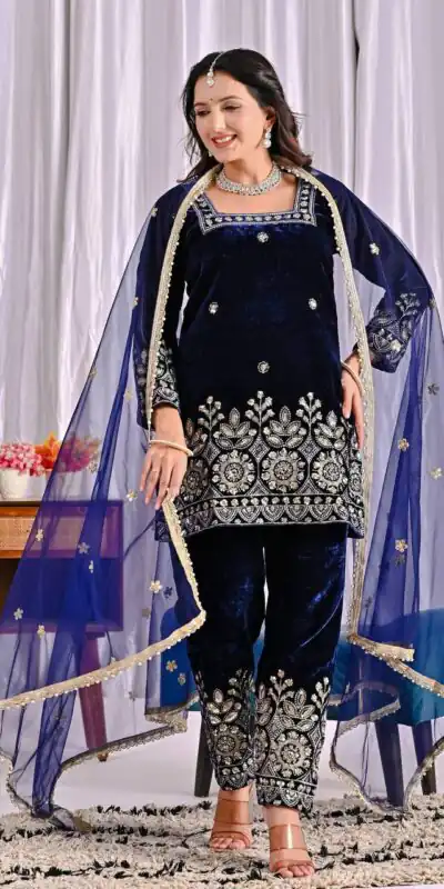 MD 3072 Navy Blue Viscose Velvet Salwar Suit with Embroidery Work & Lace Work. Grab it for ₹2399. Delivery 4-6 Working Days. Shop now. | Jump Suits, Salwar suit, Casual Suits, Creative suits, Designer Suits, Palazzo Suits, Party Wear Suits, Patiala Suits, Straight Suits