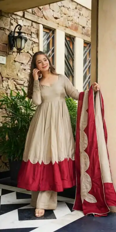 AD 249 Off White Roman Silk Gown with Mirror Work & Embroidery Work. Special Price ₹2999. Delivery 4-6 Working Days. Shop now. | Gowns, Bollywood Gowns, Creative Gowns, Designer Gowns, Embroidered Gowns, Party Wear Gowns