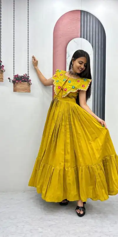 PC 571 Yellow Roman Silk Gown with Mirror Work & Embroidery Work. Special Price ₹2099. Delivery 4-6 Working Days. Shop now. | Gowns, Bollywood Gowns, Creative Gowns, Designer Gowns, Embroidered Gowns, Party Wear Gowns