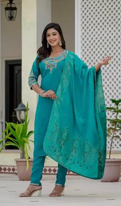 DIVA 121 Firozi Roman Silk Salwar Suit with Sequins Work & Embroidery Work. Available at ₹1899 only. Delivery 4-6 Working Days. Shop now. | Jump Suits, Salwar suit, Casual Suits, Creative suits, Designer Suits, Palazzo Suits, Party Wear Suits, Patiala Suits, Straight Suits