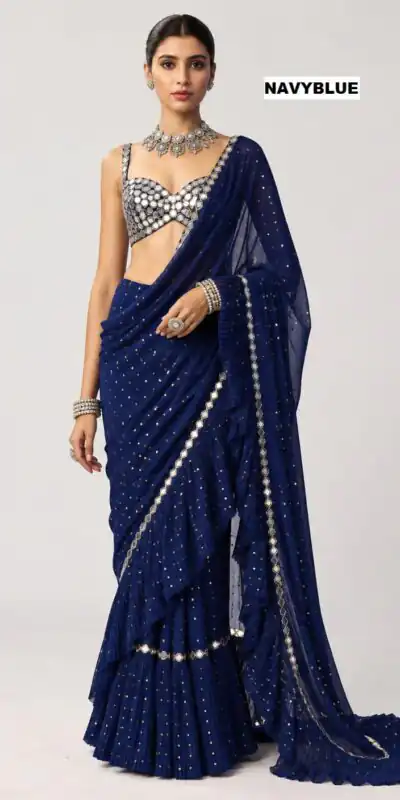DF 3455 Navy Blue Color Faux Georgette Embroidery Sequins Work Saree Casual, Wedding, Festive, Events . Expected Delivery  4-6 Working Days @2199/- only                                                                                | Sarees, Bollywood Sarees, Creative Sarees, Designer Sarees, Embroidered Sarees, Ethnic Saree, Modern Digital sarees, Party Wear Sarees