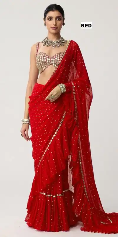 DF 3455 Red Color Faux Georgette Embroidery Sequins Work Saree Casual, Wedding, Festive, Events . Expected Delivery  4-6 Working Days @2199/- only                                                                                | Sarees, Bollywood Sarees, Creative Sarees, Designer Sarees, Embroidered Sarees, Ethnic Saree, Modern Digital sarees, Party Wear Sarees