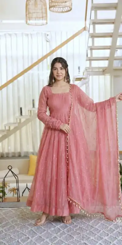 KD 1641 Peach in Salsa Silk Embroidery Work & Sequins Work Gown . Get it for ₹2899. Delivery 4-6 Working Days. Online Shop now. | Gowns, Bollywood Gowns, Creative Gowns, Designer Gowns, Embroidered Gowns, Party Wear Gowns