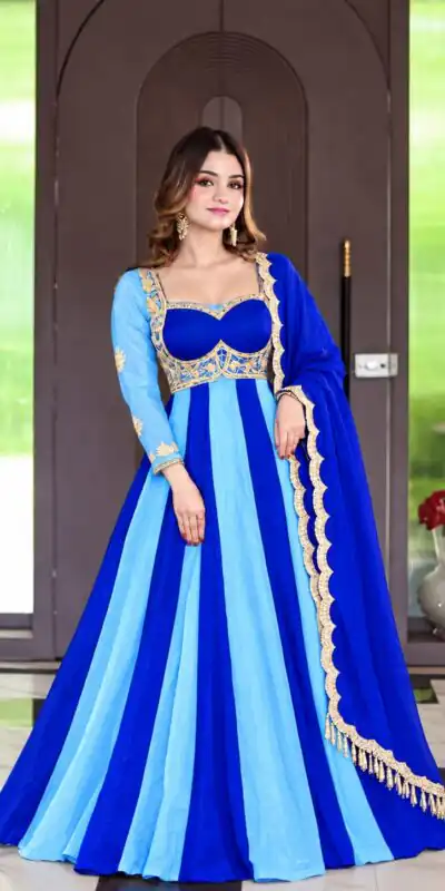 ND 5072 Blue Fendy Silk Gown with Embroidery Work & Sequins Work. Special Price ₹2849. Delivery 4-6 Working Days. Shop now. | Gowns, Bollywood Gowns, Creative Gowns, Designer Gowns, Embroidered Gowns, Party Wear Gowns