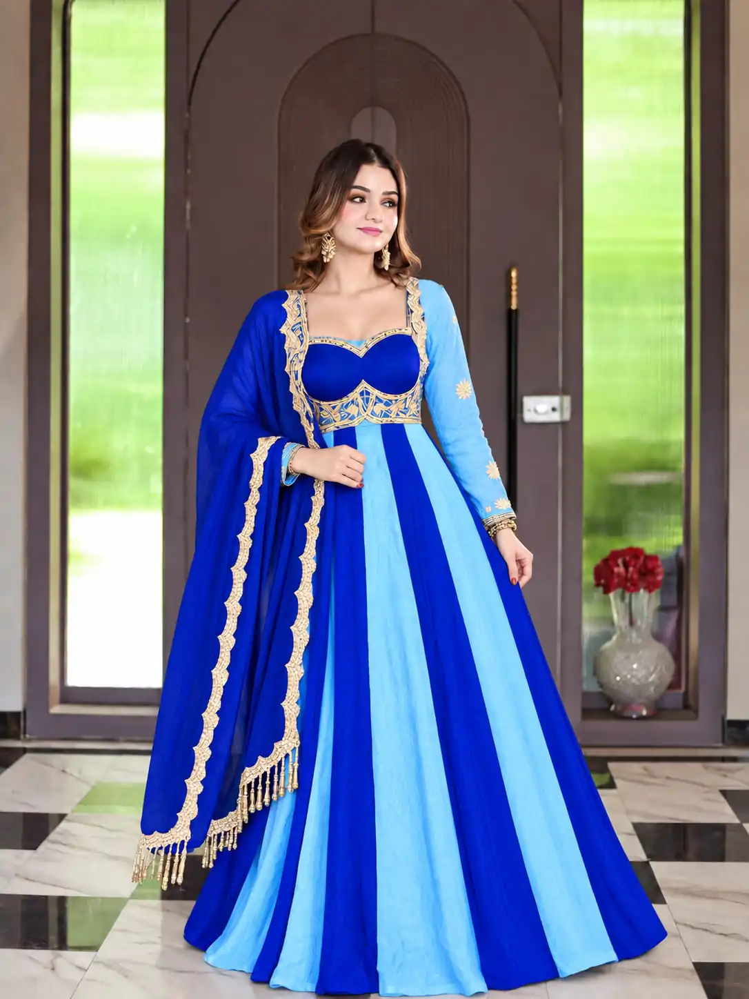 ND 5072 Blue Fendy Silk Gown with Embroidery Work & Sequins Work. Special Price ₹2849. Delivery 4-6 Working Days. Shop now. | Gowns, Bollywood Gowns, Creative Gowns, Designer Gowns, Embroidered Gowns, Party Wear Gowns