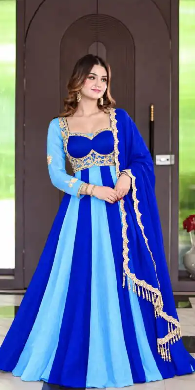 ND 5072 Blue Fendy Silk Gown with Embroidery Work & Sequins Work. Special Price ₹2849. Delivery 4-6 Working Days. Shop now. | Gowns, Bollywood Gowns, Creative Gowns, Designer Gowns, Embroidered Gowns, Party Wear Gowns