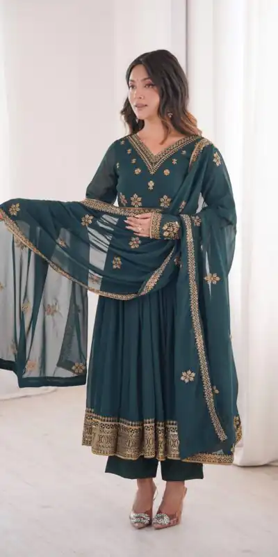 SP 104 Teal| Faux Georgette Salwar Suit with Lace Work & Digital Print. Introductory Price ₹2799. Delivery 4-6 Working Days. Shop now. | Anarkali Suits, Bollywood Anarkali, Creative-Anarkali, Designer Anarkali, Embroidered Anarkali, Party Wear Anarkali