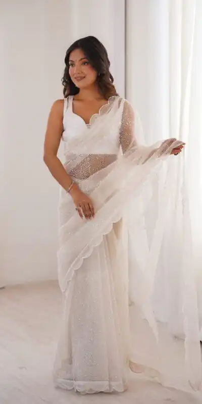 SP 90 White Soft Net Saree with Sequins Work & Embroidery Work. Available at ₹2299 only. Delivery 4-6 Working Days. Shop now. | Sarees, Bollywood Sarees, Creative Sarees, Designer Sarees, Embroidered Sarees, Ethnic Saree, Modern Digital sarees, Party Wear Sarees