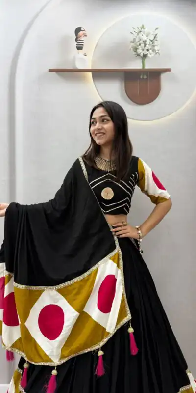 Ram 194 Blackl in Pure Cotton Mirror Work & Gamthi Work Lehenga Choli . Exclusive Offer ₹3149. Delivery 4-6 Working Days. Shop now. | Lehenga, Bollywood Lehenga, Creative Lehenga, Designer Lehenga, Embroidered Lehenga, Party Wear Lehenga