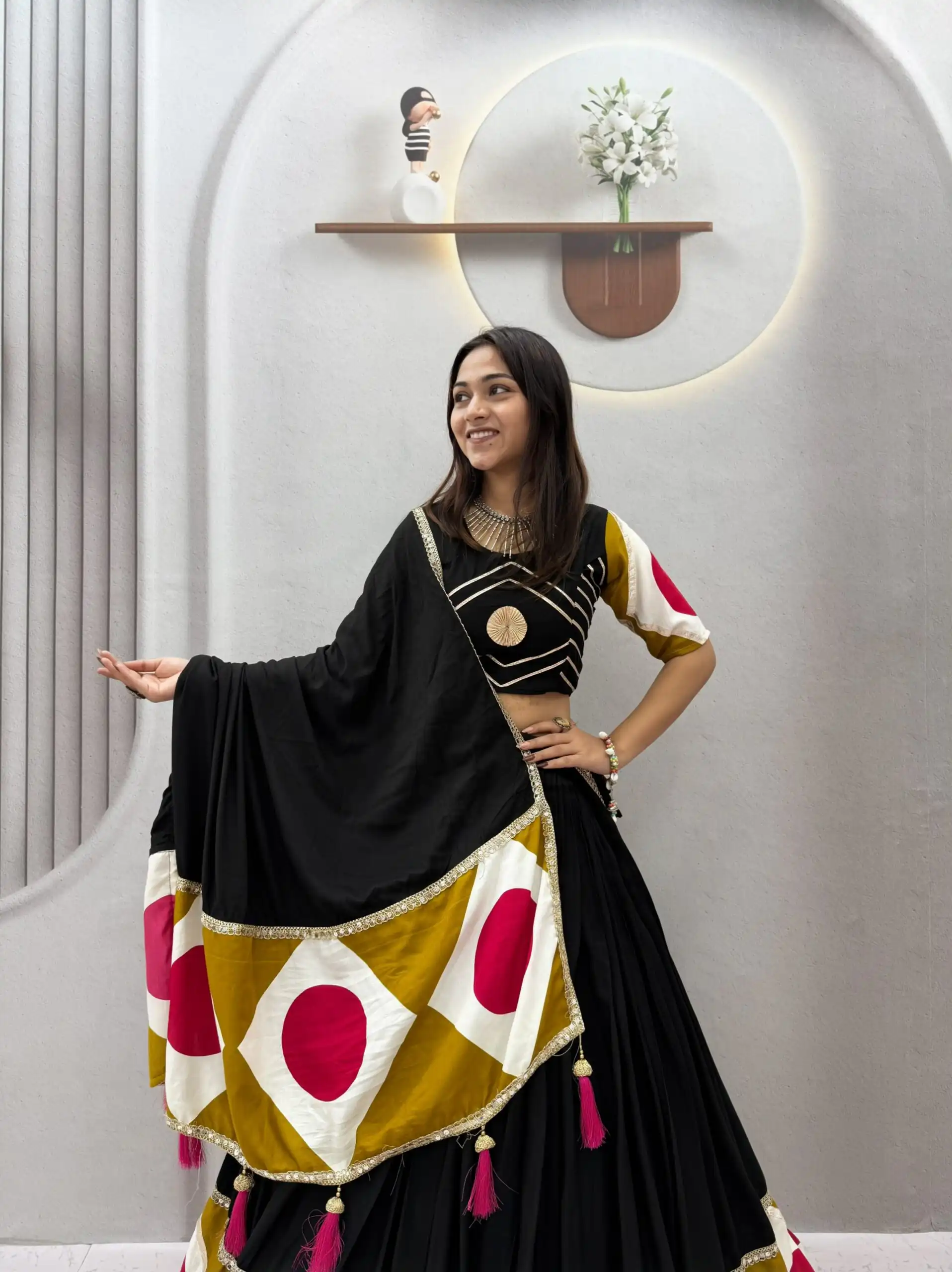Ram 194 Blackl in Pure Cotton Mirror Work & Gamthi Work Lehenga Choli . Exclusive Offer ₹3149. Delivery 4-6 Working Days. Shop now. | Lehenga, Bollywood Lehenga, Creative Lehenga, Designer Lehenga, Embroidered Lehenga, Party Wear Lehenga