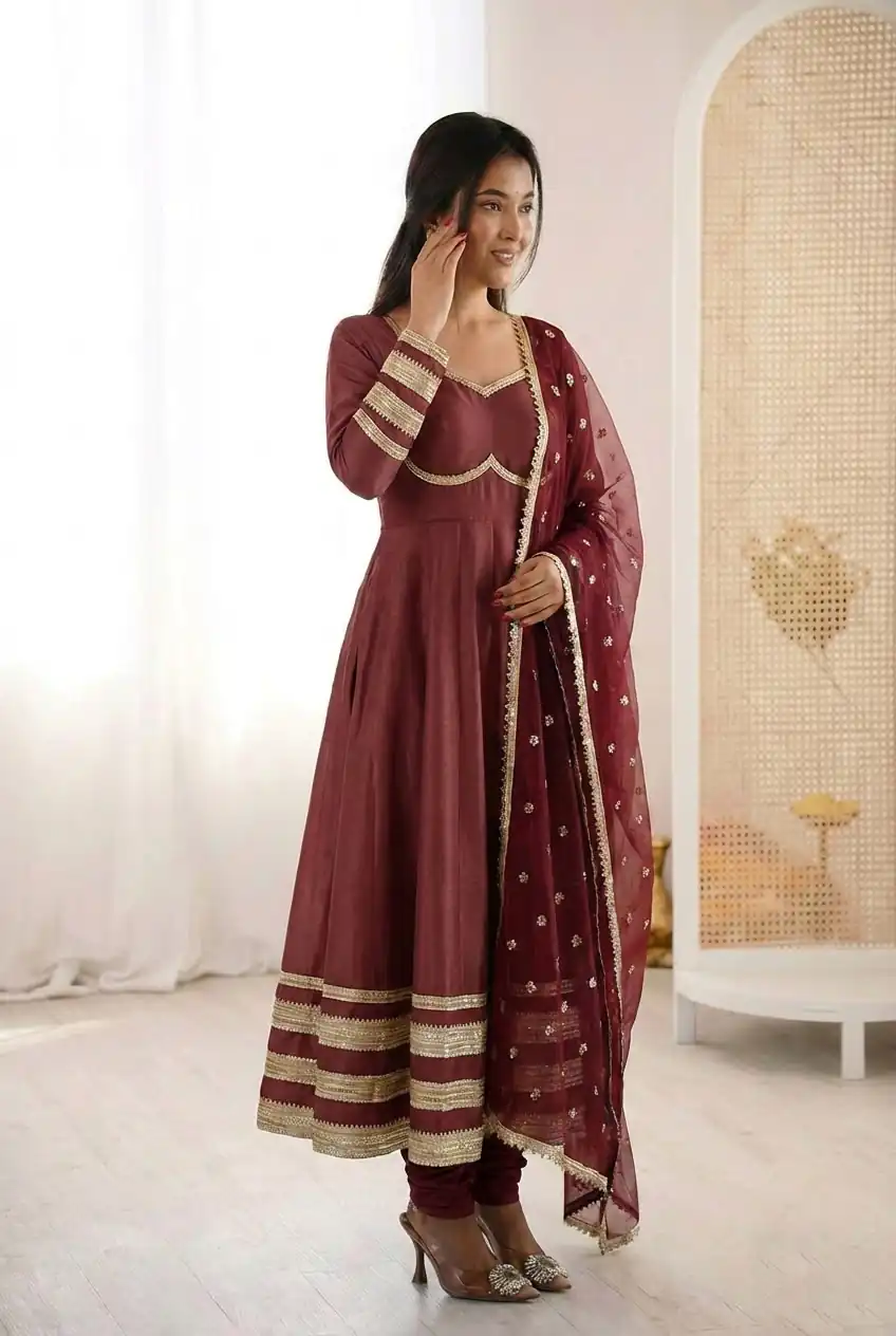 ZF 5017 Maroon Color Cosmos Gold Gown with Embroidery Work & Lace Work. Get it for ₹2099. Delivery 4-6 Working Days. Shop now. | Gowns, Bollywood Gowns, Creative Gowns, Designer Gowns, Embroidered Gowns, Party Wear Gowns