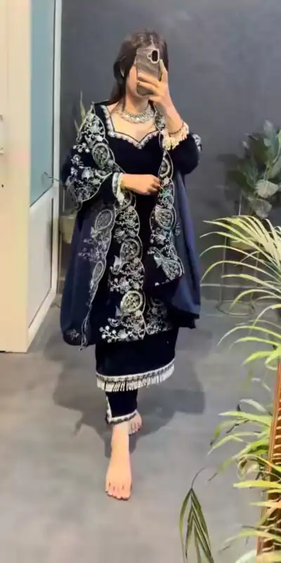 MF 486 Navy Blue Viscose Velvet Salwar Suit with Embroidery Work & Lace Work. Grab it for ₹2349. Delivery 4-6 Working Days. Shop now. | Jump Suits, Salwar suit, Casual Suits, Creative suits, Designer Suits, Palazzo Suits, Party Wear Suits, Patiala Suits, Straight Suits