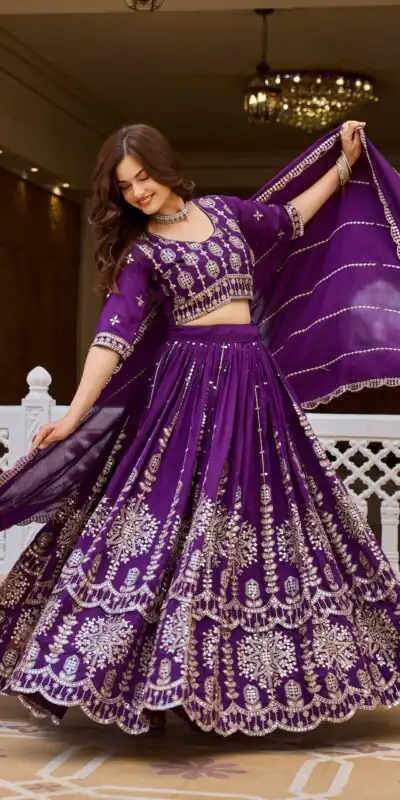 Ram 188 Purple Vichitra Lehenga Choli with Embroidery Work & Thread Embroidery. Introductory Price ₹3049. Delivery 4-6 Working Days. Shop now. | Lehenga, Bollywood Lehenga, Creative Lehenga, Designer Lehenga, Embroidered Lehenga, Party Wear Lehenga