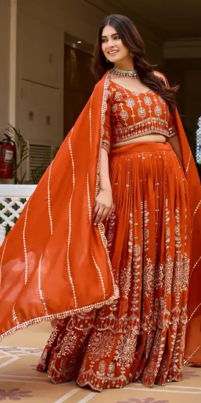 Ram 188 Rust Vichitra Lehenga Choli with Embroidery Work & Thread Embroidery. Introductory Price ₹3049. Delivery 4-6 Working Days. Shop now. | Lehenga, Bollywood Lehenga, Creative Lehenga, Designer Lehenga, Embroidered Lehenga, Party Wear Lehenga