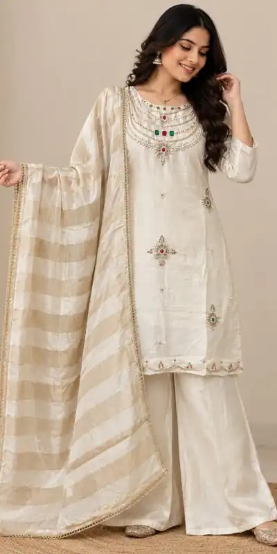 DIVA 188 White Glass Silk Salwar Suit Perfect for Wedding, Party, Durga Puja, Haldi, Makar Sankranti –Available at ₹2799 only. Delivery 4-6 Working Days | Jump Suits, Salwar suit, Casual Suits, Creative suits, Designer Suits, Palazzo Suits, Party Wear Suits, Patiala Suits, Straight Suits