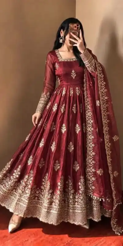 NSR 918 Maroon Fendy Silk Gown with Embroidery Work & Sequins Work. Special Price ₹2399. Delivery 4-6 Working Days. Shop now. | Gowns, Bollywood Gowns, Creative Gowns, Designer Gowns, Embroidered Gowns, Party Wear Gowns