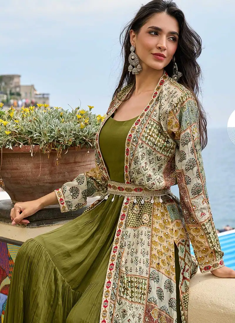 FC 20034 Mehendi Crepe Silk Shrug Suit Perfect for Wedding, Party, Festival Celebrations, Holi, Pooja – . Introductory Price ₹3049. Delivery 4-6 Working | Jump Suits, Salwar suit, Casual Suits, Creative suits, Designer Suits, Palazzo Suits, Party Wear Suits, Patiala Suits, Straight Suits