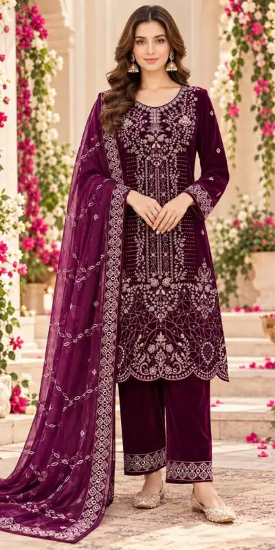 FC 736 Wine 9000 Velvet Salwar Suit. Perfect for Wedding, Party, Bridal Wear, Onam, Karwa Chauth – Exclusive Offer ₹3049. Delivery 4-6 Working Days. | Jump Suits, Salwar suit, Casual Suits, Creative suits, Designer Suits, Palazzo Suits, Party Wear Suits, Patiala Suits, Straight Suits