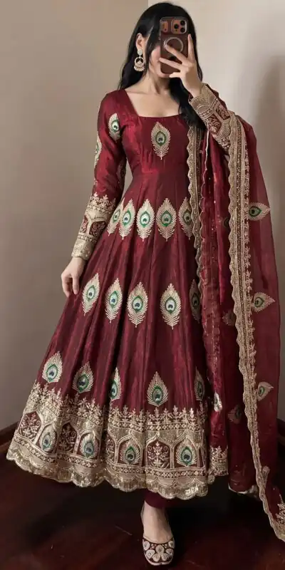 BB 102 Maroon Fendy Silk Gown with Embroidery Work & Sequins Work. Special Price ₹2799. Delivery 4-6 Working Days. Shop now. | Gowns, Bollywood Gowns, Creative Gowns, Designer Gowns, Embroidered Gowns, Party Wear Gowns