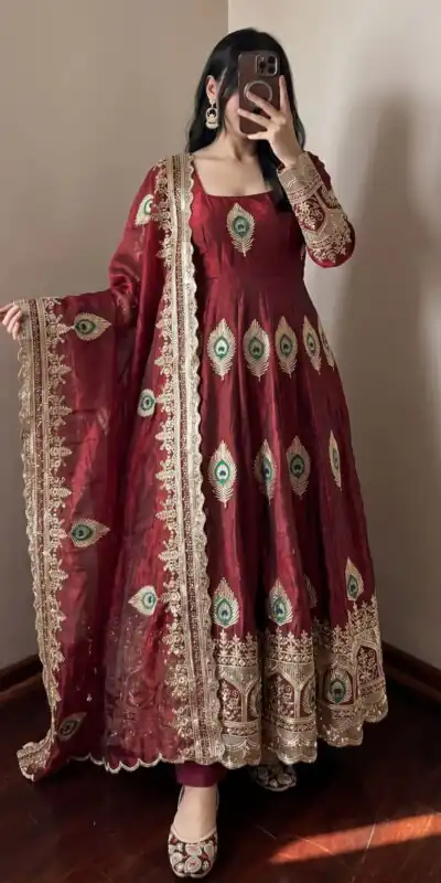 BB 102 Maroon Fendy Silk Gown with Embroidery Work & Sequins Work. Special Price ₹2799. Delivery 4-6 Working Days. Shop now. | Gowns, Bollywood Gowns, Creative Gowns, Designer Gowns, Embroidered Gowns, Party Wear Gowns