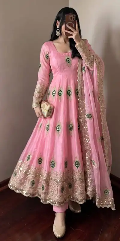 BB 102 Pink Fendy Silk Gown with Embroidery Work & Sequins Work. Special Price ₹2799. Delivery 4-6 Working Days. Shop now. | Gowns, Bollywood Gowns, Creative Gowns, Designer Gowns, Embroidered Gowns, Party Wear Gowns