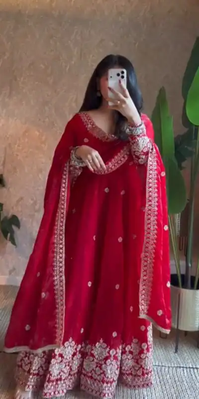 ZB 5080 Red Fendy Silk Gown with Embroidery Work & Sequins Work. Special Price ₹2399. Delivery 4-6 Working Days. Shop now. | Gowns, Bollywood Gowns, Creative Gowns, Designer Gowns, Embroidered Gowns, Party Wear Gowns