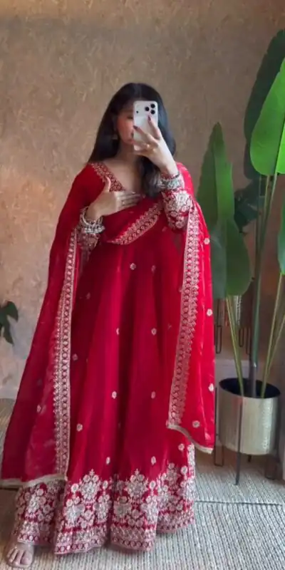 ZB 5080 Red Fendy Silk Gown with Embroidery Work & Sequins Work. Special Price ₹2399. Delivery 4-6 Working Days. Shop now. | Gowns, Bollywood Gowns, Creative Gowns, Designer Gowns, Embroidered Gowns, Party Wear Gowns