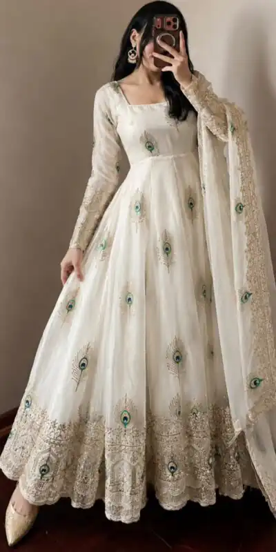 BB 102 White Fendy Silk Gown with Embroidery Work & Sequins Work. Special Price ₹2799. Delivery 4-6 Working Days. Shop now. | Gowns, Bollywood Gowns, Creative Gowns, Designer Gowns, Embroidered Gowns, Party Wear Gowns